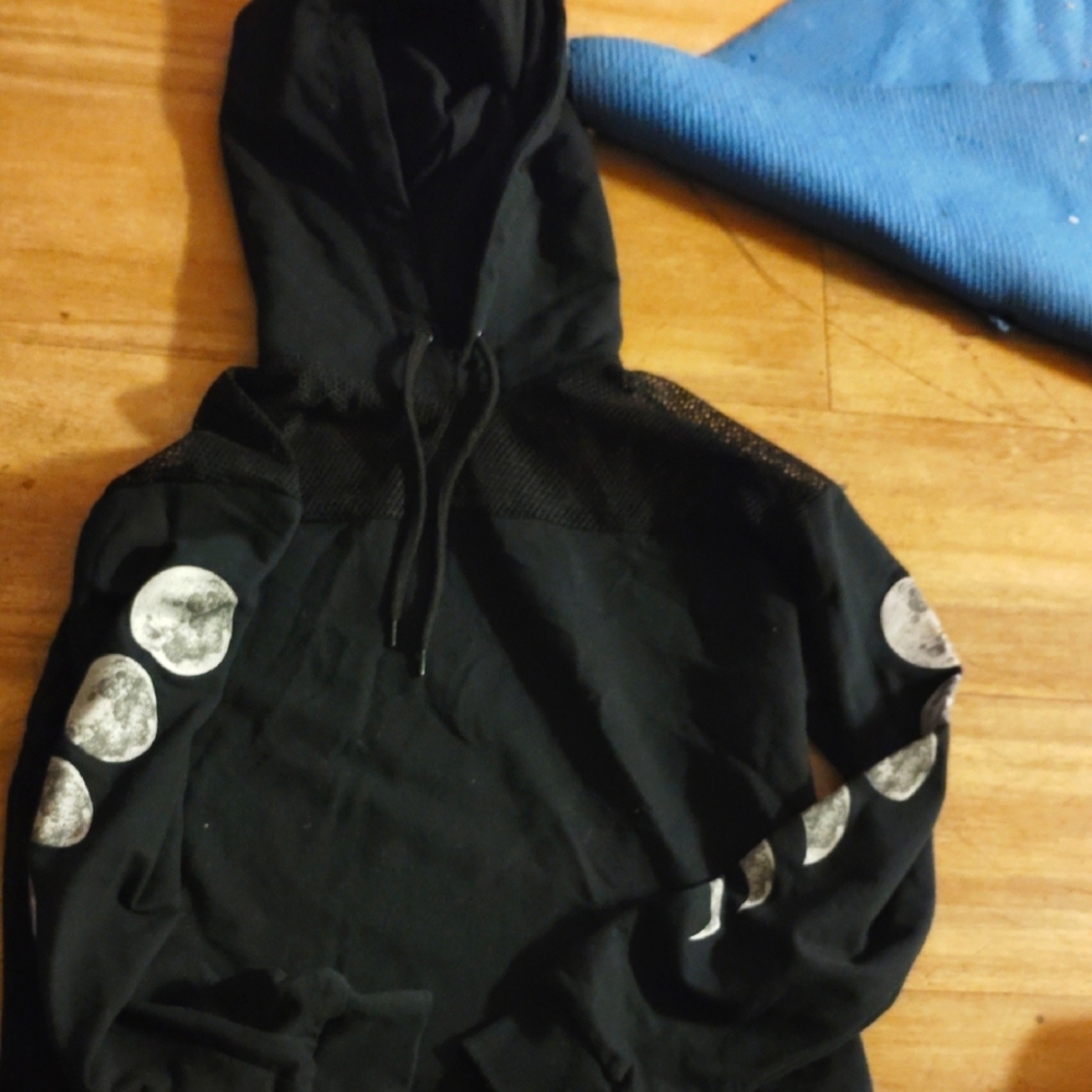 Black fishnet mesh goth crop Hoodie with Moon Phases size medium